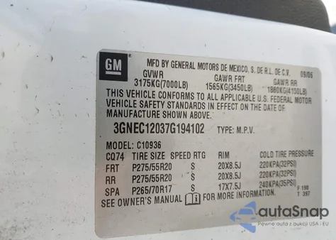 2007 Chevrolet Avalanche 1500 Ltz z USA, uszkodzony, nr VIN 3GNEC12037G194102